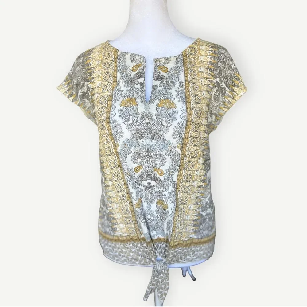 Lucky Brand Short Sleeve Multicolored Abstract Tie Front Top Blouse. Small. - Picture 2 of 8